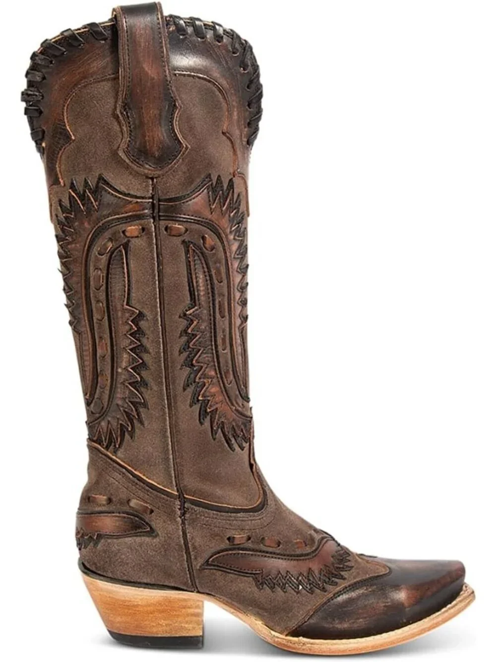 Women's Dark Brown Swallow Chunky Low Heels Western Cowboy Knee High Boots